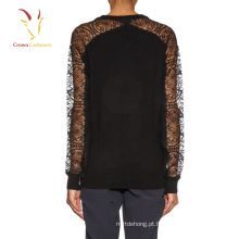 Moda feminina preto camisola de malha camisola de renda camisola jumper